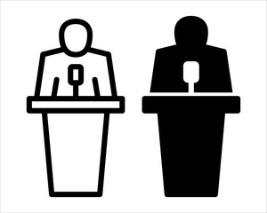 Speaker. A man with a microphone behind the podium. A lecturer or a deputy or a politician. Icon.