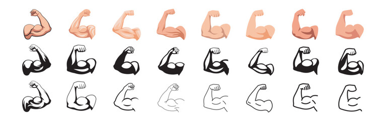 Muscle icon. Biceps symbol. Flat, silhouette and linear style.