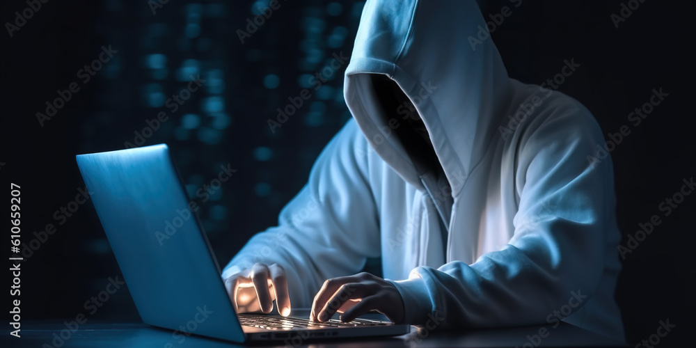 Poster dangerous hooded hacker breaks into government data servers and infects their system with a virus. h