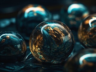 Abstract scene with glass balls on dark background Created with Generative AI technology