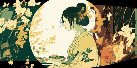 A retro woman standing in a traditional Japanese ukiyo-e vegetation in a kimono. Subdued colors. Abstract, elegant and modern illustration generated by AI.