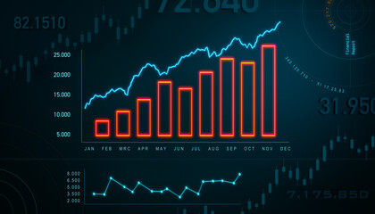 Chart, graph moving up, progress. Positive bar chart in orange, rising line in blue. Business, financial figures, revenue, cash flow, analyzing, growth, strategy, data. Abstract financial concept.