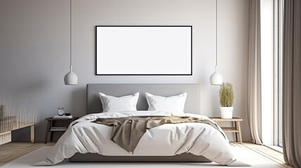 Beautiful interior bedroom with an empty frame for mock up