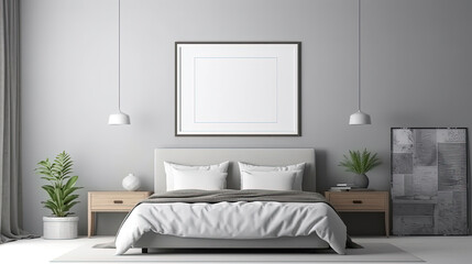 Beautiful interior bedroom with an empty frame for mock up