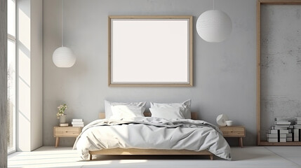 Beautiful interior bedroom with an empty frame for mock up