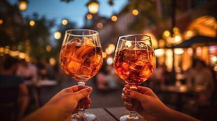 glass of wine  friends party summer evening friends drink wine in street cafe blurred candles light people relax  generated ai - 610660001