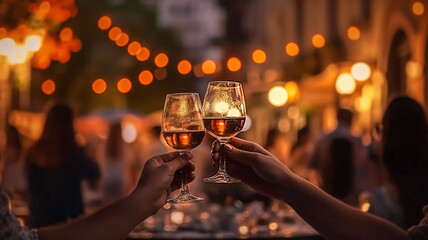 glass of wine  friends party summer evening friends drink wine in street cafe blurred candles light people relax  generated ai
