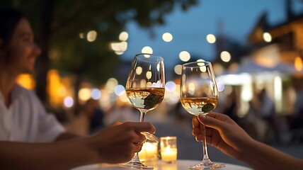 glass of wine  friends party summer evening friends drink wine in street cafe blurred candles light people relax  generated ai - obrazy, fototapety, plakaty
