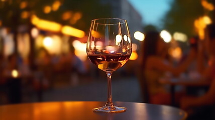 Obraz na płótnie Canvas glass of wine friends party summer evening friends drink wine in street cafe blurred candles light people relax generated ai