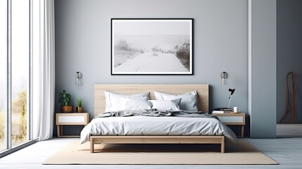 Beautiful interior bedroom with an empty frame for mock up