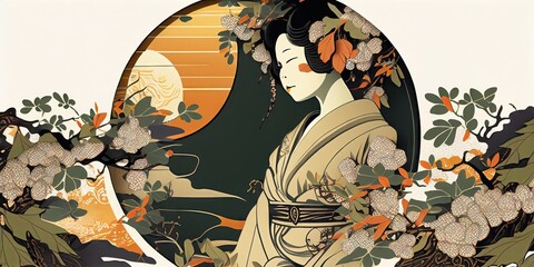 In her retro kimono from traditional Japanese ukiyo-e prints, a woman becomes one with plants. Subdued colors. Abstract, elegant and modern. AI-generated illustration.