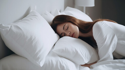 mulher dormindo em travesseiro confortavel - obrazy, fototapety, plakaty