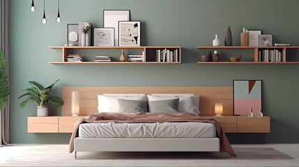 Bedroom with floating shelves on the wall