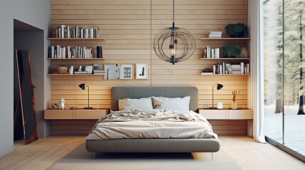 Bedroom with floating shelves on the wall