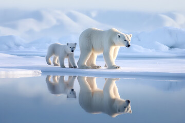 Eisbär mit Babys am Nordpol. Generiert mit KI