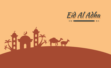 Eid al-Adha Celebration. Greeting card with silhouettes of sheep, sacrificial camels and mosque with evening mood. Vector illustration. Eid theme.