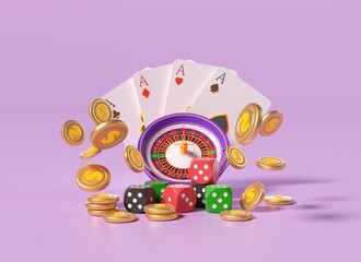 Creative poker style design, playing cards, poker chips on pastel background. Casino investment concept, gambling, wealth, 3d illustratio