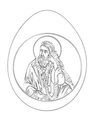 Ester egg with Prophet Elijah. Religious illustration to color black and white