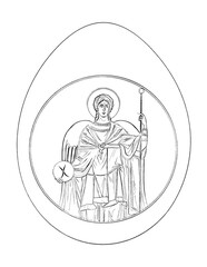 Easter egg with archangel Michael. Easter egg in vintage style. Religious illustration to color black and white