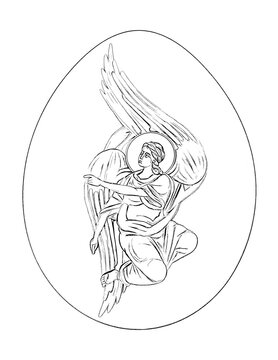 Easter egg with Angel in art- vintage style. Religious illustration to color black and white