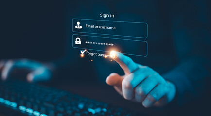 filed cyber.join identity.submit security.Businessman use laptop login register username and password identity on webpage concepts of cyber security, internet access, join social or personal data prot