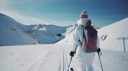 Esqui de mulher bonita. Jovem gosta de esquiar. Jovem passando férias ativas nos Alpes austríacos. Imagens estabilizadas