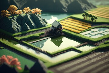 Isometric view of the paddy field in countryside. Generative AI. 