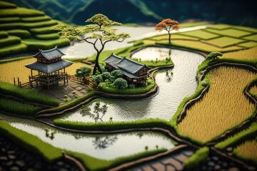 Isometric view of the paddy field in countryside. Generative AI. 