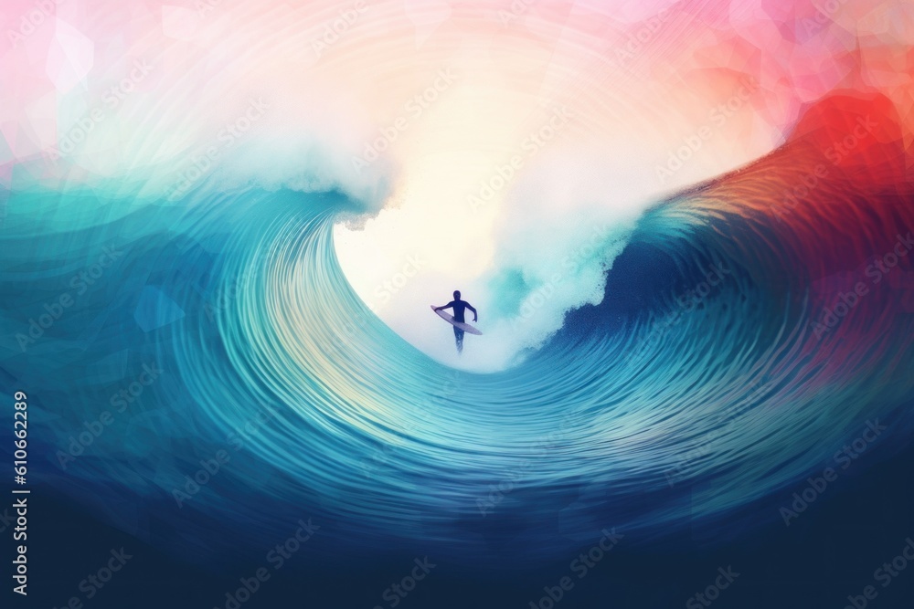 Poster a surfer is riding a large wave in the ocean. generative ai image.