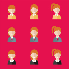 Simple avatar icons of various business women. Icon isolated on pink background. Illustration vector.