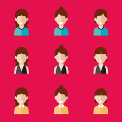 Simple avatar icons of various business women. Icon isolated on pink background. Illustration vector.