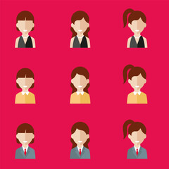 Simple avatar icons of various business women. Icon isolated on pink background. Illustration vector.