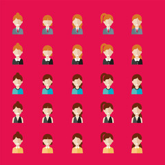 Simple avatar icons of various business women. Icon isolated on pink background. Illustration vector.