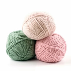 Yarn balls for knitting and crochet isolated on white background, cotton wool clews and skeins as natural organic material for knitwear, diy handmade fashion, generative ai
