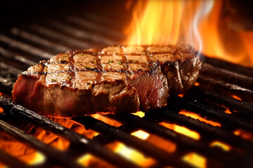 Meat beef steak grilled on fire, food bbq and hot grill, generative ai