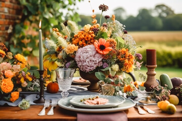 Autumn table scape, autumnal dinner table setting, holiday tablescape for wedding, birthday or party event celebration, generative ai