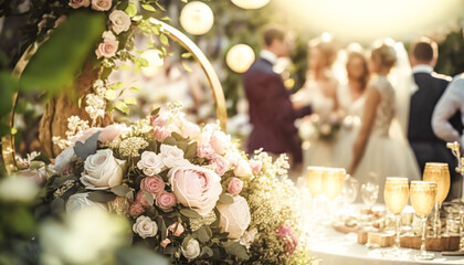 Wedding guests celebrating at a beautiful outdoor venue on a sunny day, luxury wedding decoration idea and decor inspiration with flowers, party event celebration at the garden estate. Generative Ai