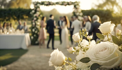 Wedding guests celebrating at a beautiful outdoor venue on a sunny day, luxury wedding decoration idea and decor inspiration with flowers, party event celebration at the garden estate. Generative Ai