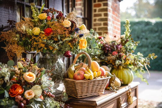 Country life, fruit garden and floral decor, autumnal flowers and autumn fruit harvest celebration, country cottage style, generative ai