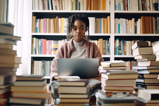 Black woman working on laptop in library