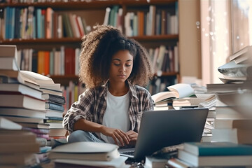Serious black student using laptop in library