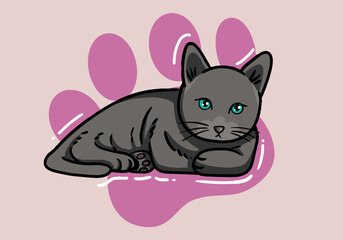 Cute hand drawn grey cat, fluffy fur, and exaggerated features. Cute adorable big eyes kitty kitten cat