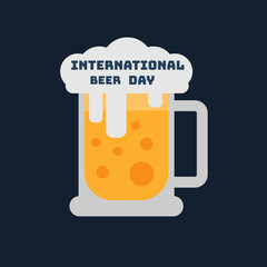 International beer day celebration. Mug of beer on dark blue background in flat style.