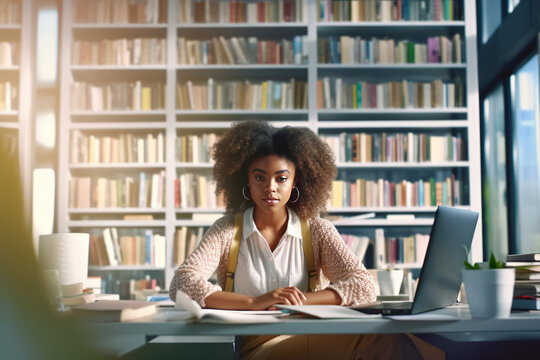 Serious black woman working on laptop in library