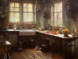 The interior of an old farmhouse kitchen with pots and jars stacked on shelves and food on a wooden table in morning sunlight. generative ai art