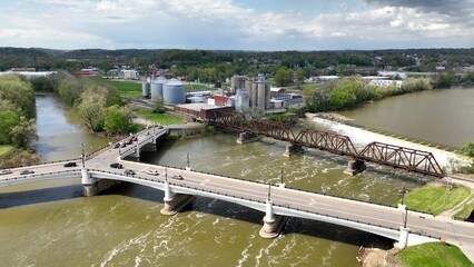 Downtown Zanesville Ohio known for Y bridge and county courthouse. A small town in America.