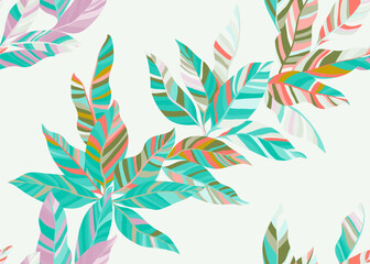Colorful exotic leafage repeat pattern design. Simple organic spring fashion textile print.