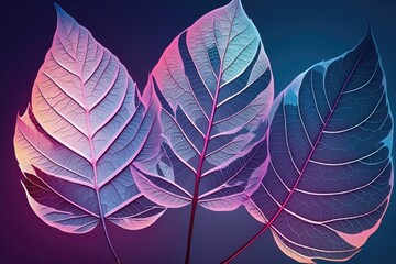 Background with neon light leaves. Generative AI.