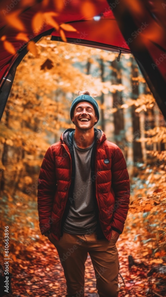 Poster a man standing inside of a tent in the woods. generative ai image.