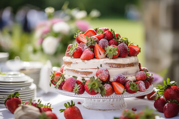 Obraz na płótnie Canvas Strawberry cake for wedding, birthday and party celebration, holiday dessert event food catering, country cottage style, generative ai